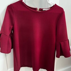 Green Envelope Burgundy Blouse with Ruffled Sleeves